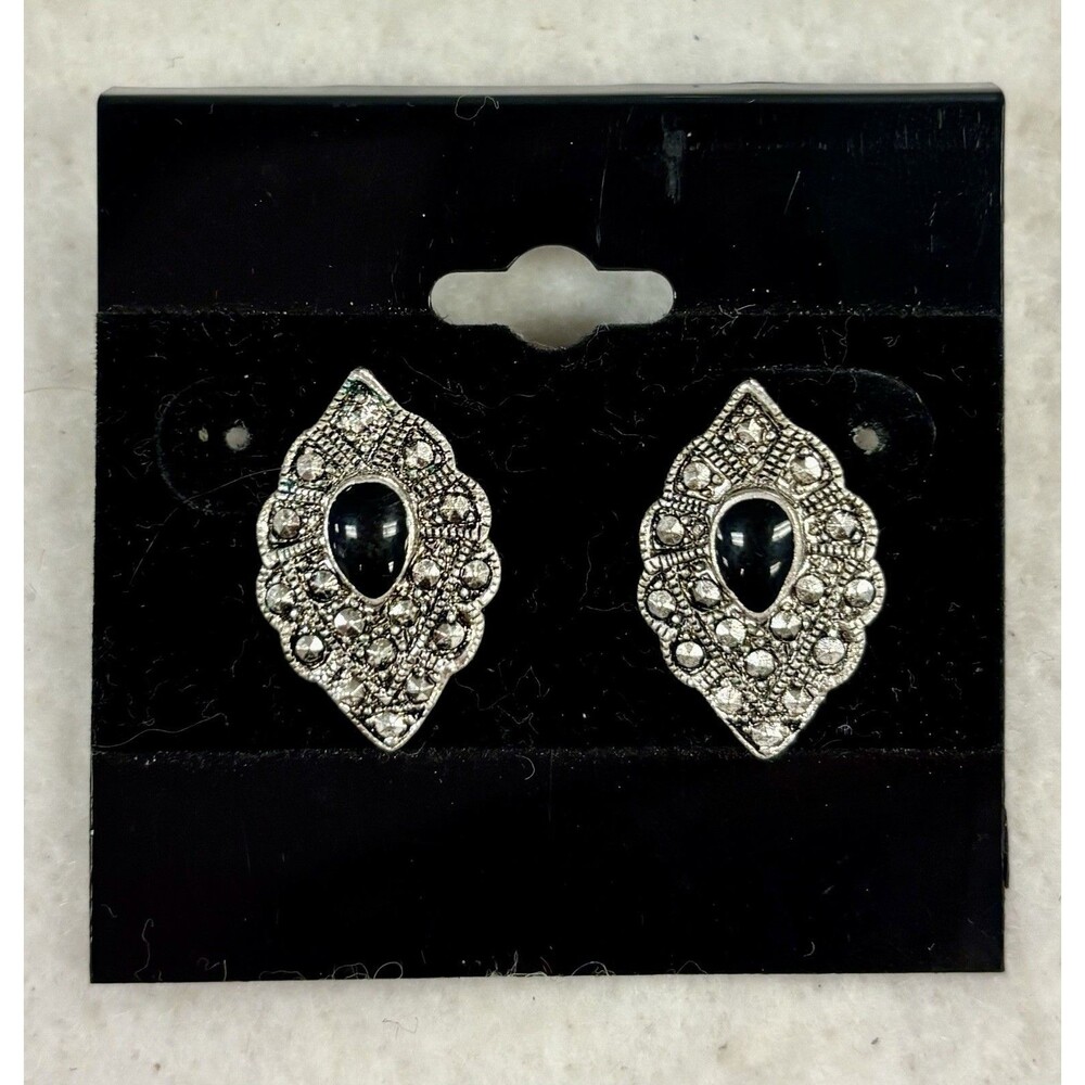 Vintage Black Cabochon Rhinestone Silver Tone Art Deco Style Pierced Earrings